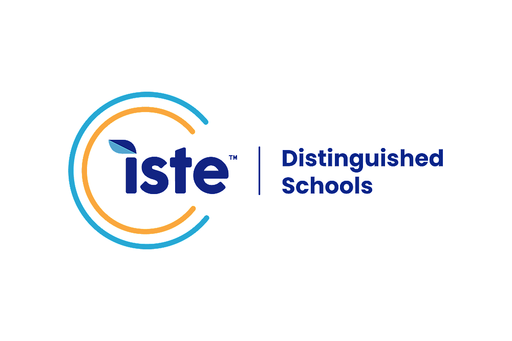 ISTE Distinguished Schools logo with iste in blue letters, a leaf above the i, and curved blue and orange lines forming a semicircle around the left side of the logo.