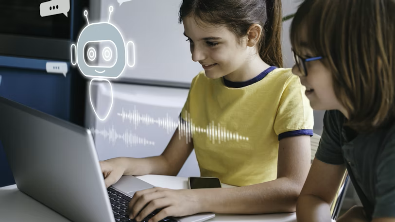 Two young girls looking at a laptop screen. A graphic of a robot or chatbot is overlayed on part of the image.