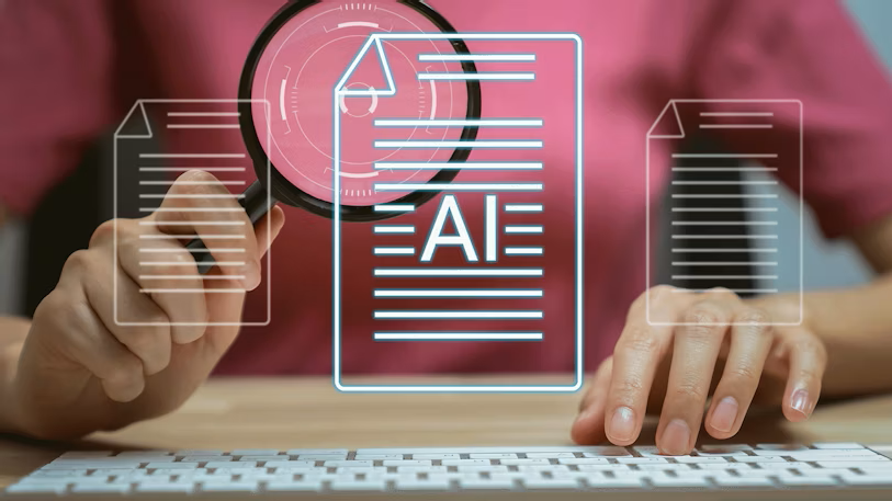 Graphic elements indicating documents, one with the letters AI in it are overlayed on a closeup of a woman's hands on a keyboard and also holding a magnifying glass.