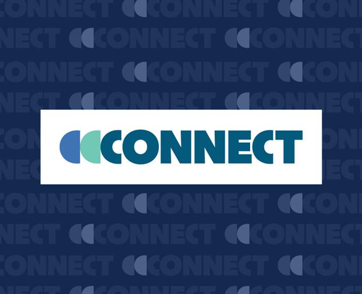 The text logo for Connect community platform in shades of blue and green on a navy background with the logo in translucent letters repeated to fill the space.