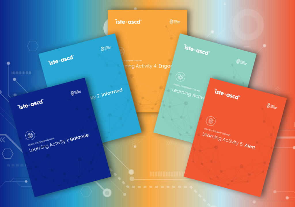 A colorful image of a fan of the 5 covers from the Digital Citizenship Lessons