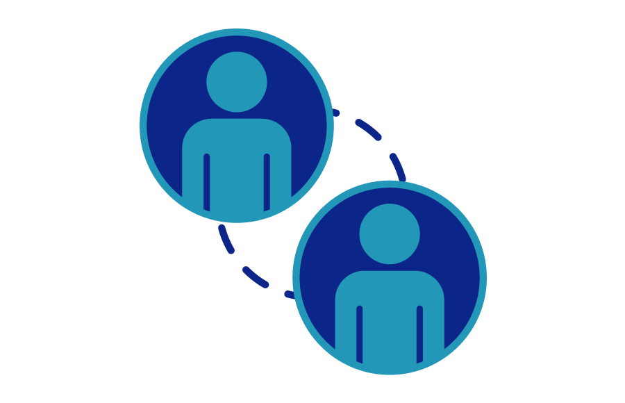 A blue and teal icon of two separate circles each containing the figure of a person connected by black dotted lines.