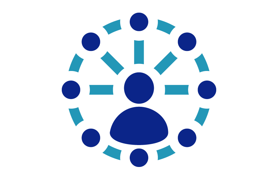 A blue and teal icon of a person at the center of a wheel shape made of dashes and dots.