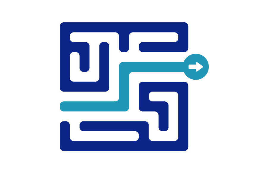 A blue graphic of a simple maze with a teal colored line running through it from start to finish.