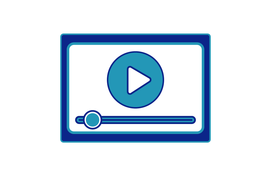 A blue and teal graphic representing a video player with a progress bar and a large play button inside the screen.
