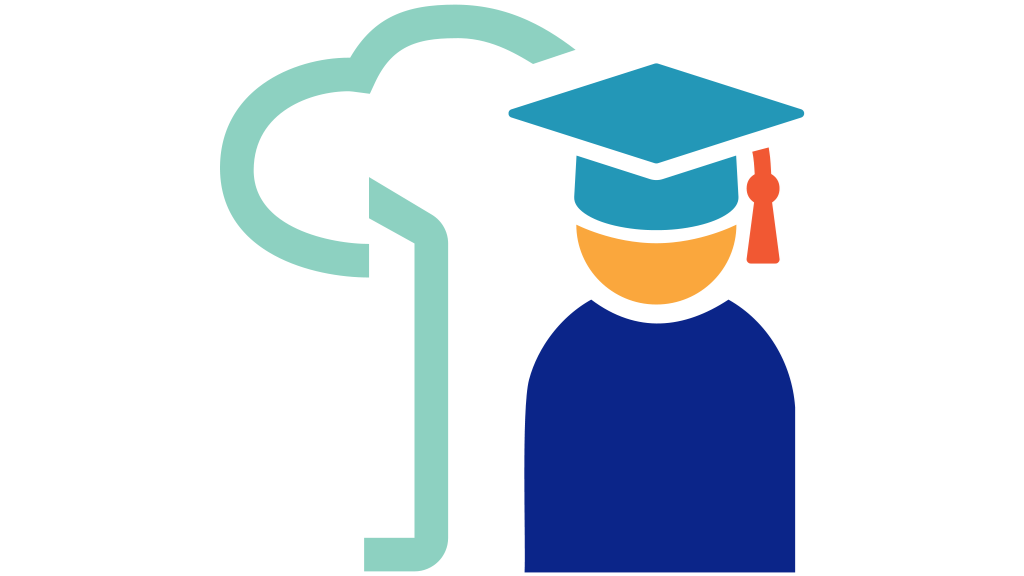 An icon of a person wearing a graduation cap and gown next to the outline of a tree shape.