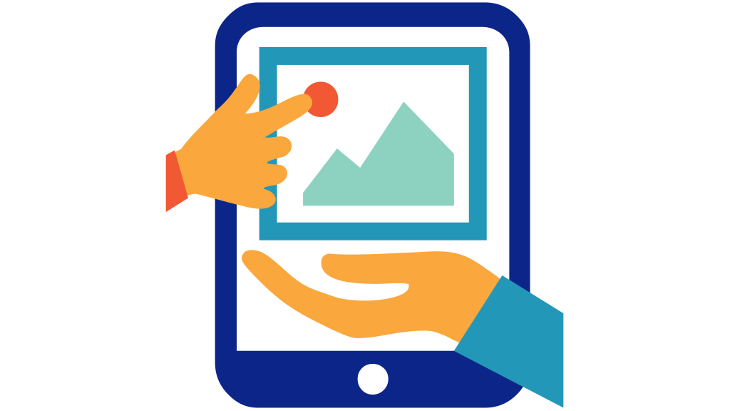 A graphic of two hands interacting with an image on a mobile device screen.