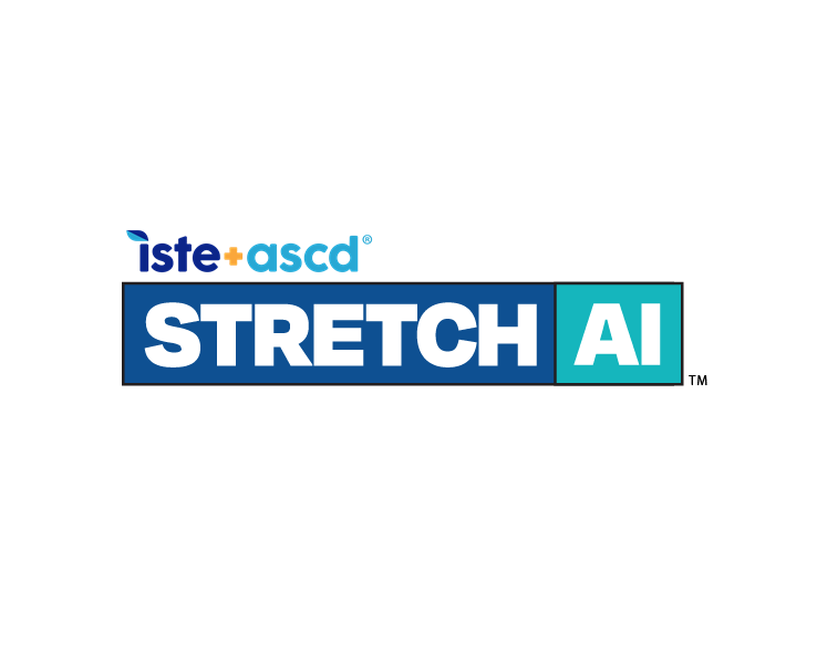 The text logo for ISTE+ASCD StretchAI platform in shades of blue, green, and gold on a white background.