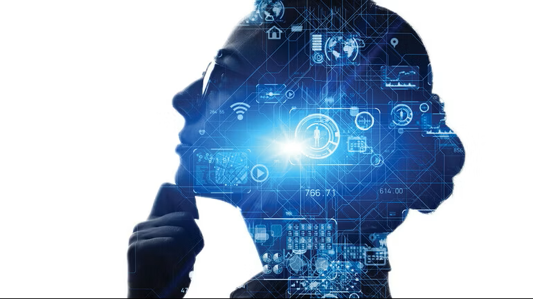 A silhouette of a woman with blue graphics overlayed on her image to indicate technology or digital space.